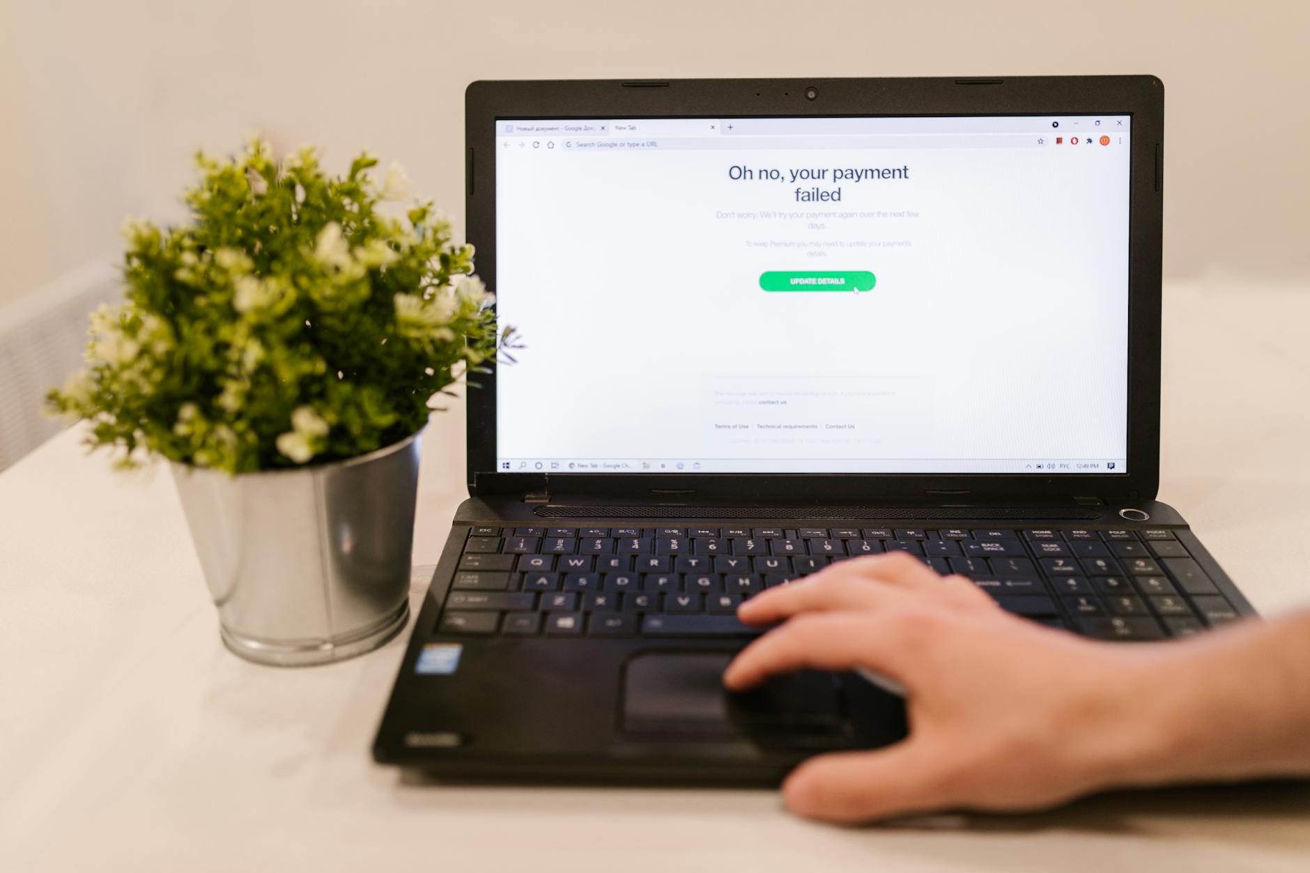 Osoba przy laptopie z komunikatem o nieudanej płatności obok doniczki