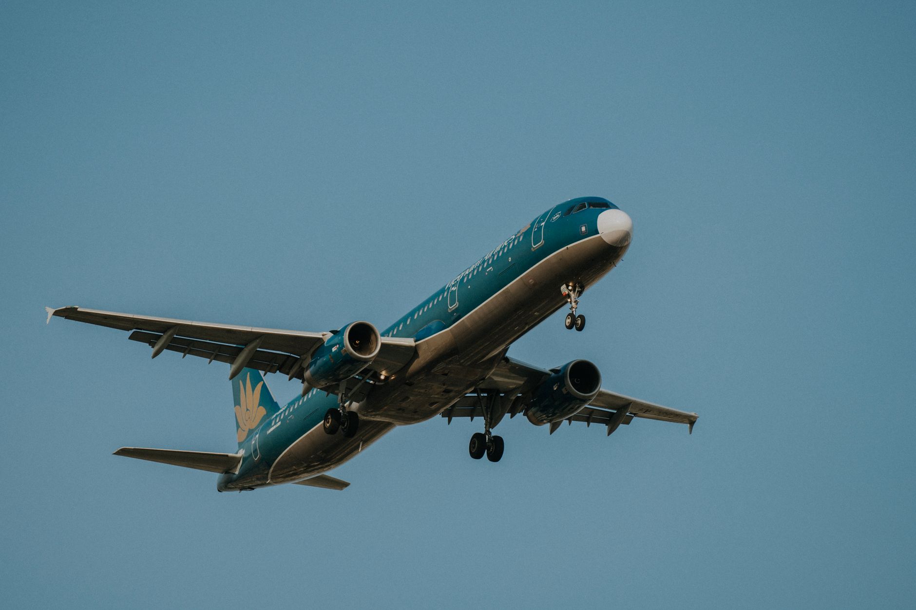 Samolot Vietnam Airlines w locie na tle czystego, błękitnego nieba